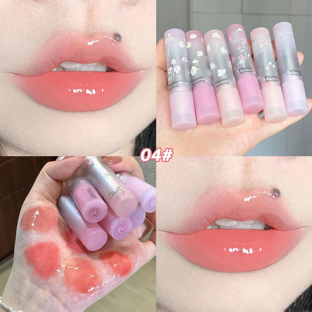 Floral Mirror Glass Solid Lip Gloss Water Light Round Tube Lipstick Clear Oil Jelly Lip Glaze Natural Nude Moisturizing Lip Tint HIP 04