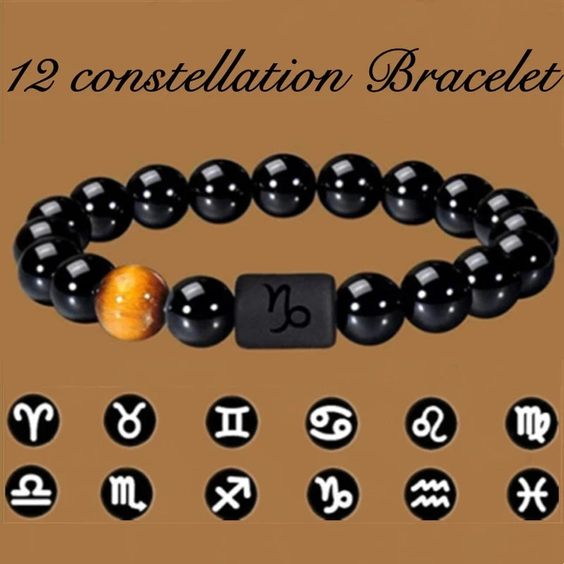 12 Constellation Zodiac Signs Beads Couples Bracelet Natural Black Onyx Stone Elastic Charm Bracelet for Women Men Birthday Gift HIP