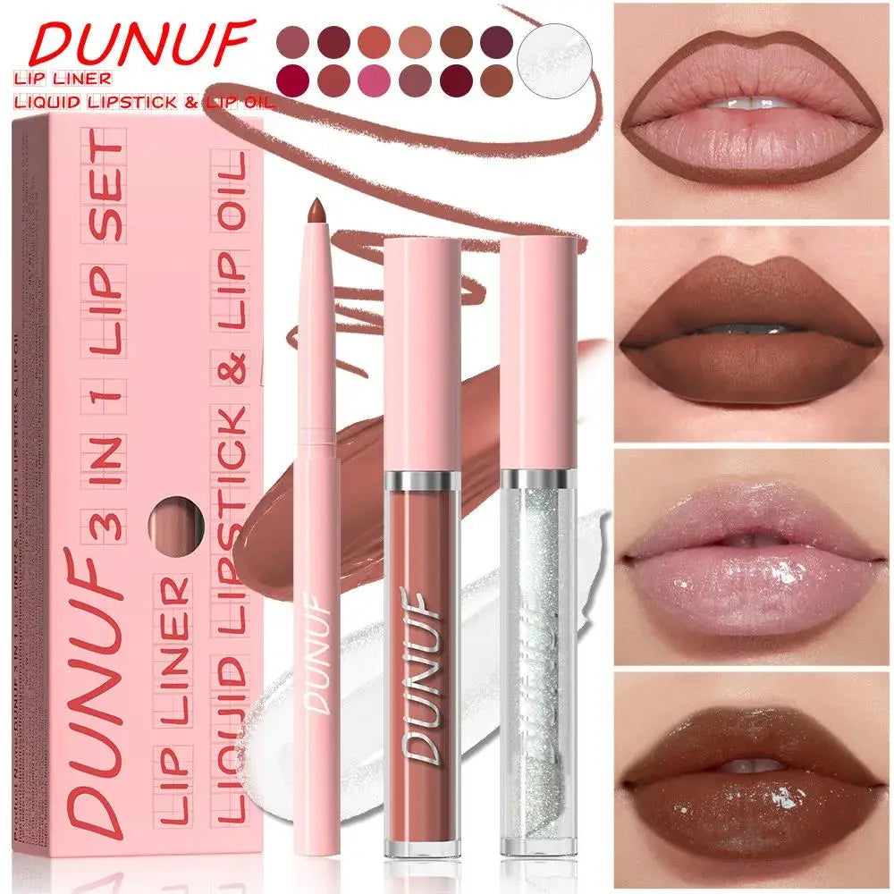 DUNUF 3-Pc Matte Lipstick, Lip Liner & Lip Oil Set – Rose Pink Lip Makeup Kit HIP