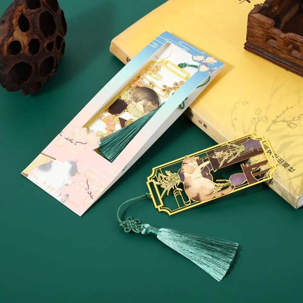 Chinese Style Cat Metal Bookmark with Silk Tassel & Enamel Metal Bookmark HIP