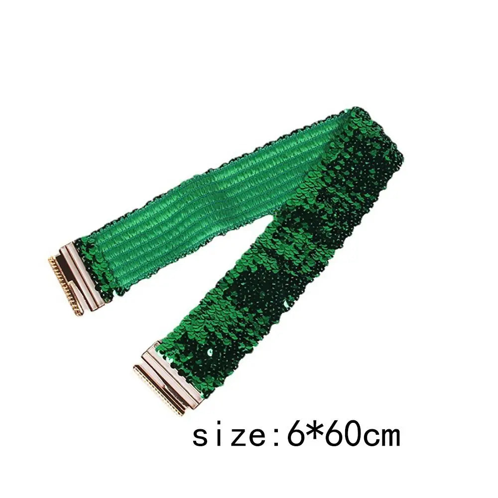 Women's Wide Sequin Belt – Gold Buckle Elastic Waistband Sequin Fashion Belt HIP