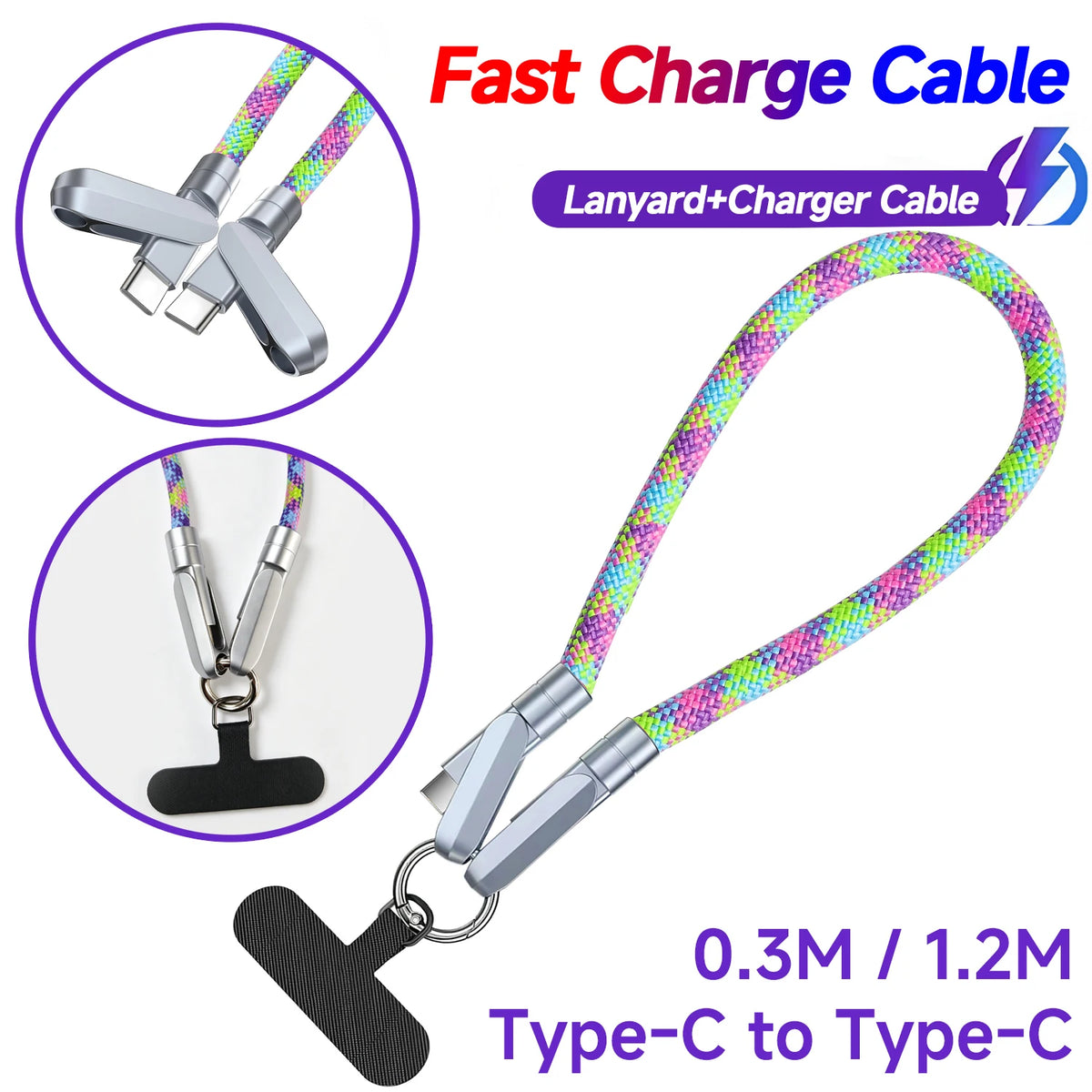 2-in-1 USB-C Fast Charge Cable & Braided Phone Lanyard USB-C Charging Cable HIP