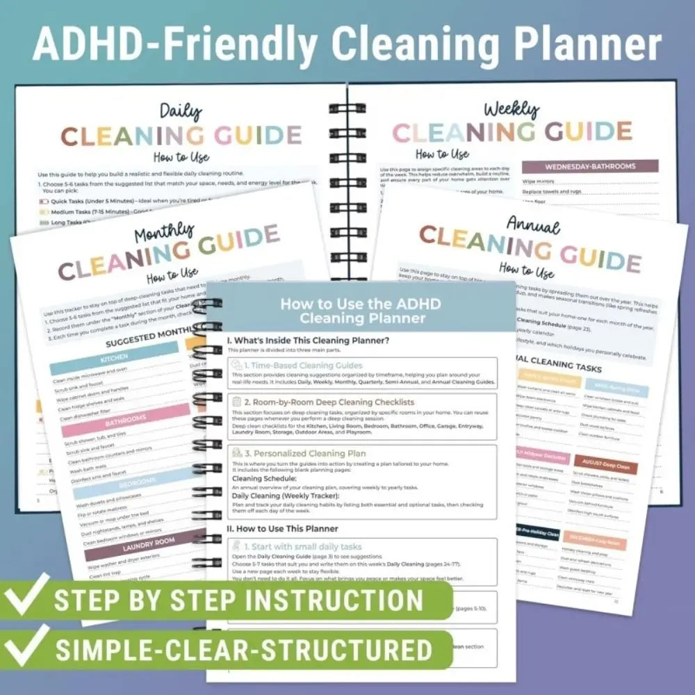 ADHD-Friendly Daily Weekly Monthly Cleaning Planner Organizer Cleaning Schedule Planner HIP