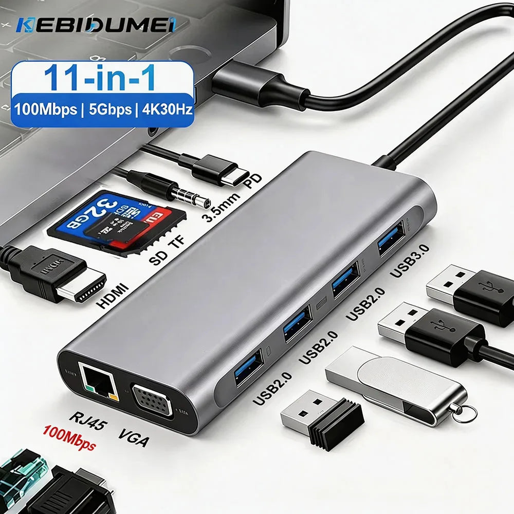 KEBIDUMEI 11-in-1 USB-C Hub – 4K HDMI, VGA, Ethernet, PD USB-C Docking Station HIP