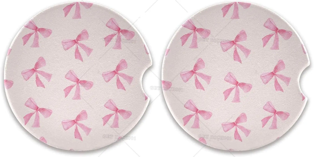 Kawaii Pink Bow Car Cup Holder Coasters – 2 Pack Ceramic Cork Car Cup Holder Coasters HIP