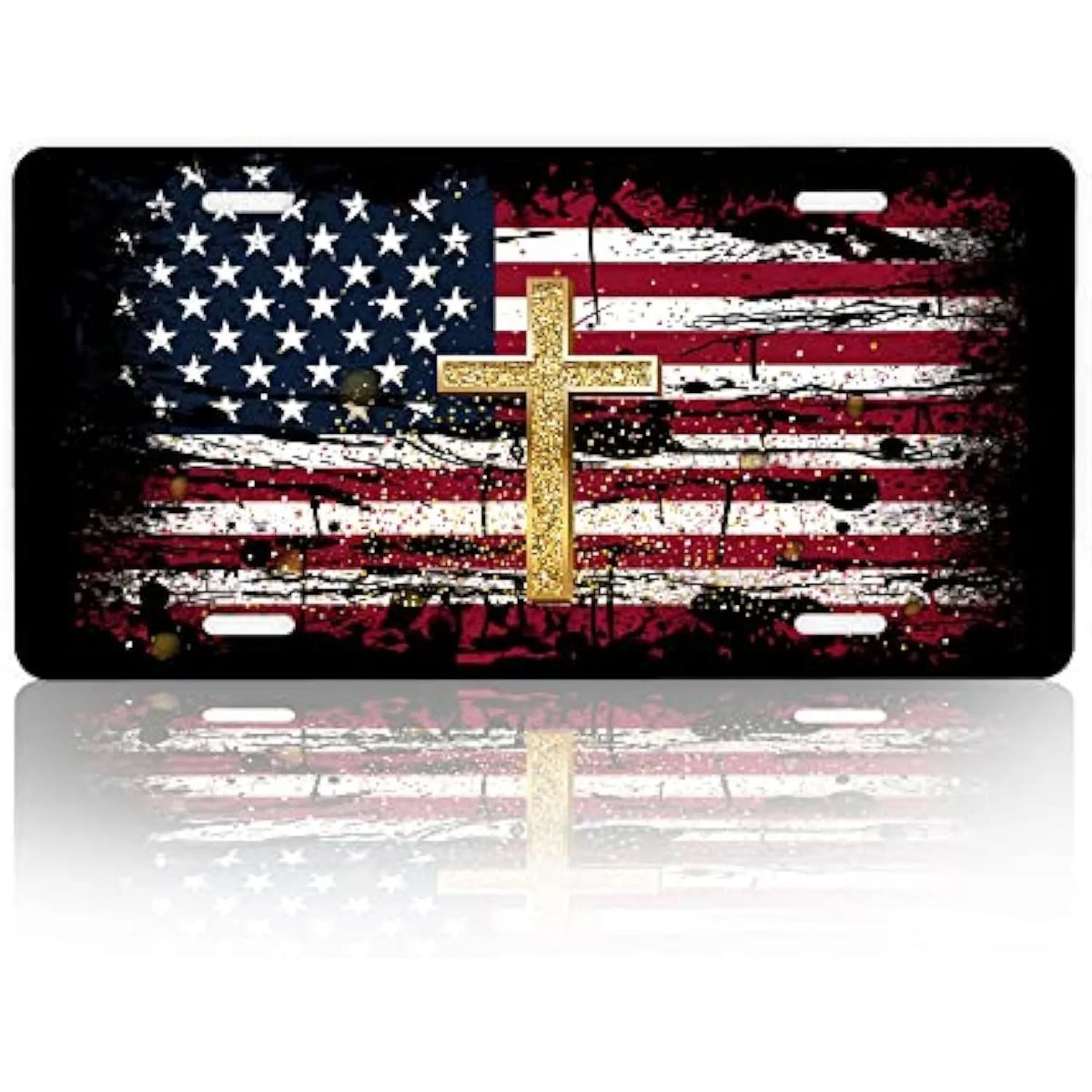 Christian Cross American Flag Distressed Metal License Plate Decorative License Plate HIP 1