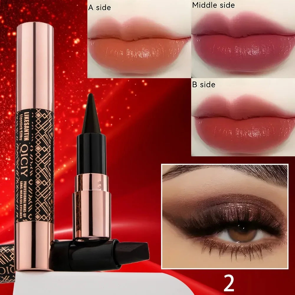Orange Lipstick Silky Smooth Matte Long-wear Gel Eyeliner 3color Lip Gloss 2IN1 Makeup Pen Lipliner Stick Sexy Women Cosmetics HIP 02