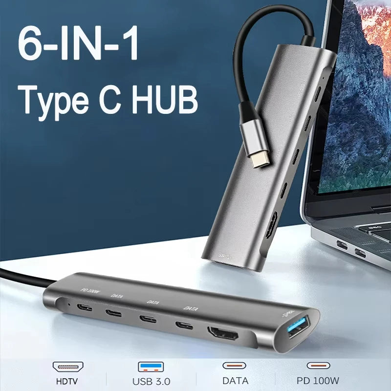 6-in-1 USB-C Hub – 4K HDMI, 100W PD & USB 3.0 Adapter USB-C Multiport Hub HIP
