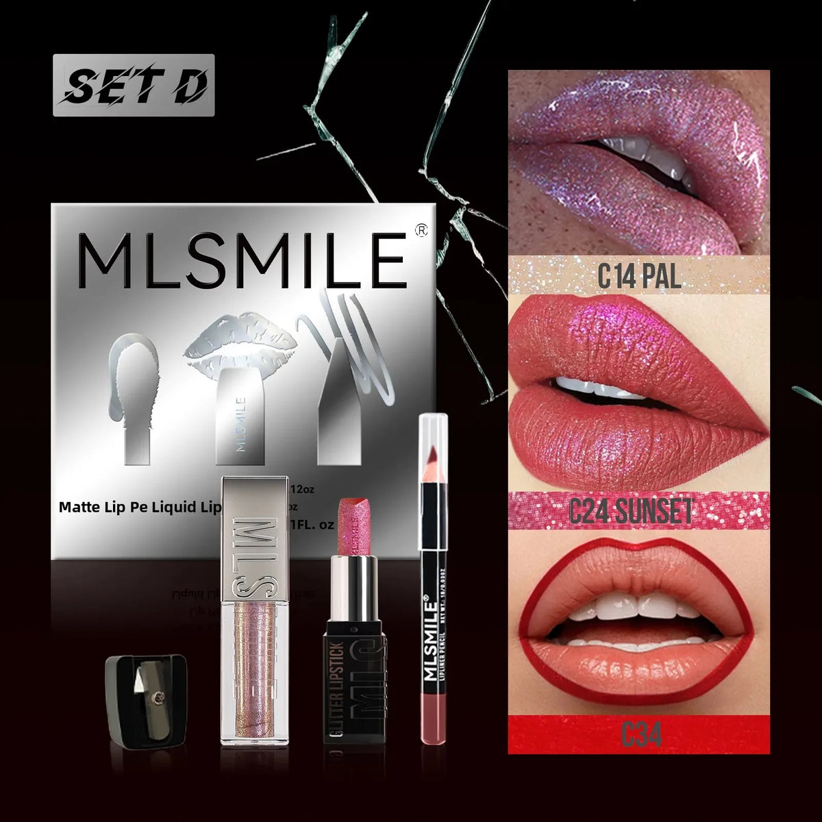 MLSMILE Diamond Lip Gloss, Matte Liner & Lipstick Kit Lip Makeup Kit HIP