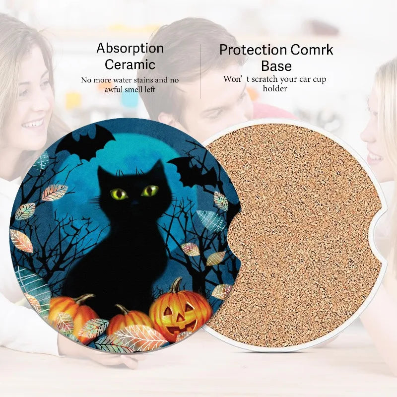 Halloween Car Cup Holder Coasters 2-Pack – Bat & Black Cat Car Cup Coasters HIP