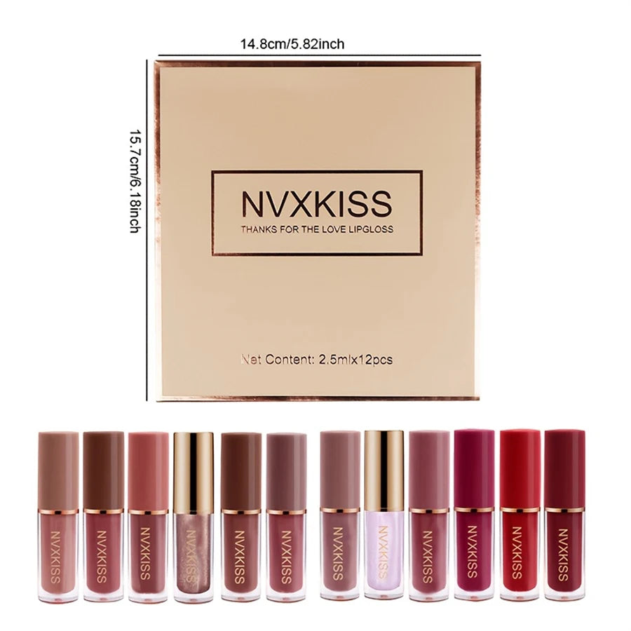 12PCS matte lip glaze pearlescent lip gloss waterproof long-lasting not easy to fade matte lipstick gift box gift HIP