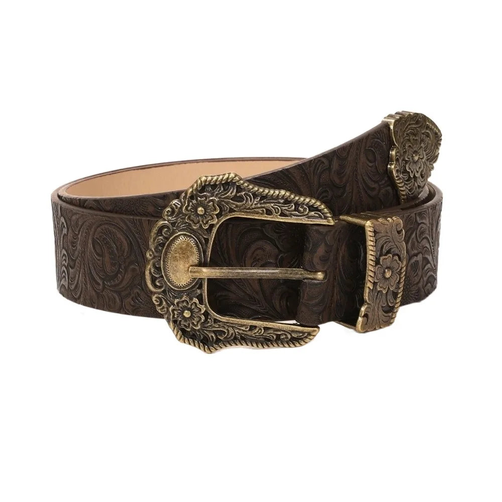 Wide Western Cowboy Belt – PU Leather Vintage Buckle Unisex Fashion Belt HIP Coffee