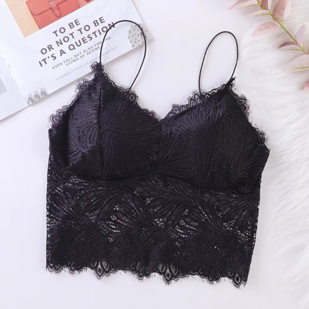 Women's Lace Bralette Crop Tank Top – Zipper Bustier Lace Bralette Crop Top HIP Black