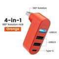 180° Rotary 4-in-1 USB 3.0 Hub with Type-C Adapter | OULLX USB Hub Adapter HIP Orange