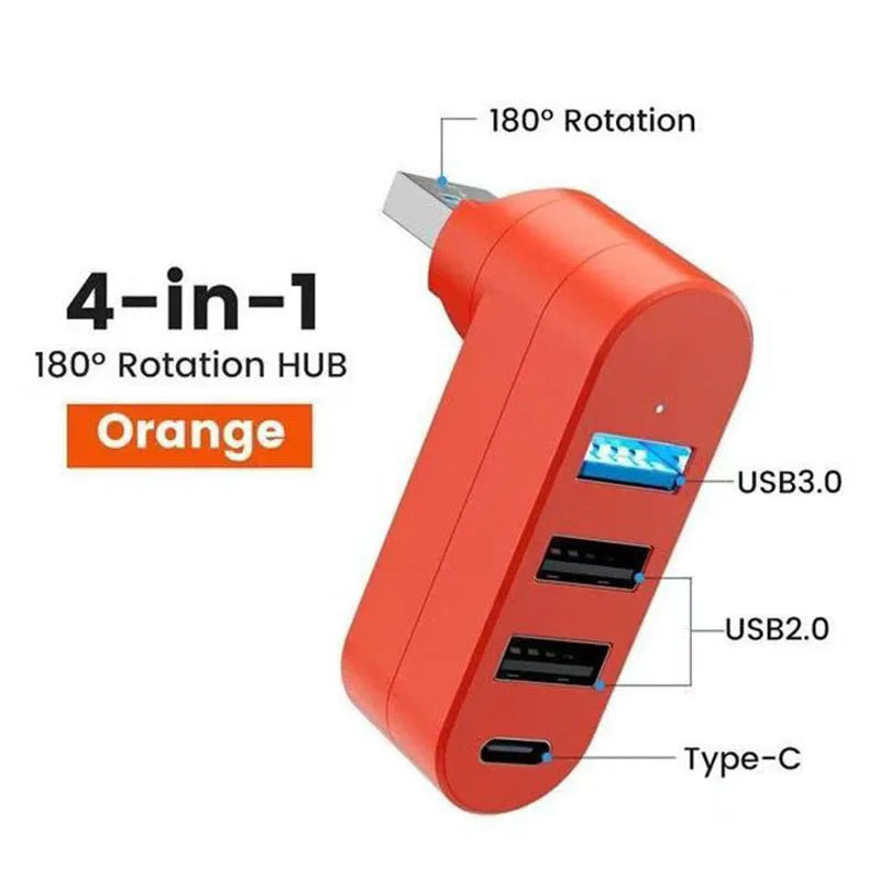 180° Rotary 4-in-1 USB 3.0 Hub with Type-C Adapter | OULLX USB Hub Adapter HIP Orange