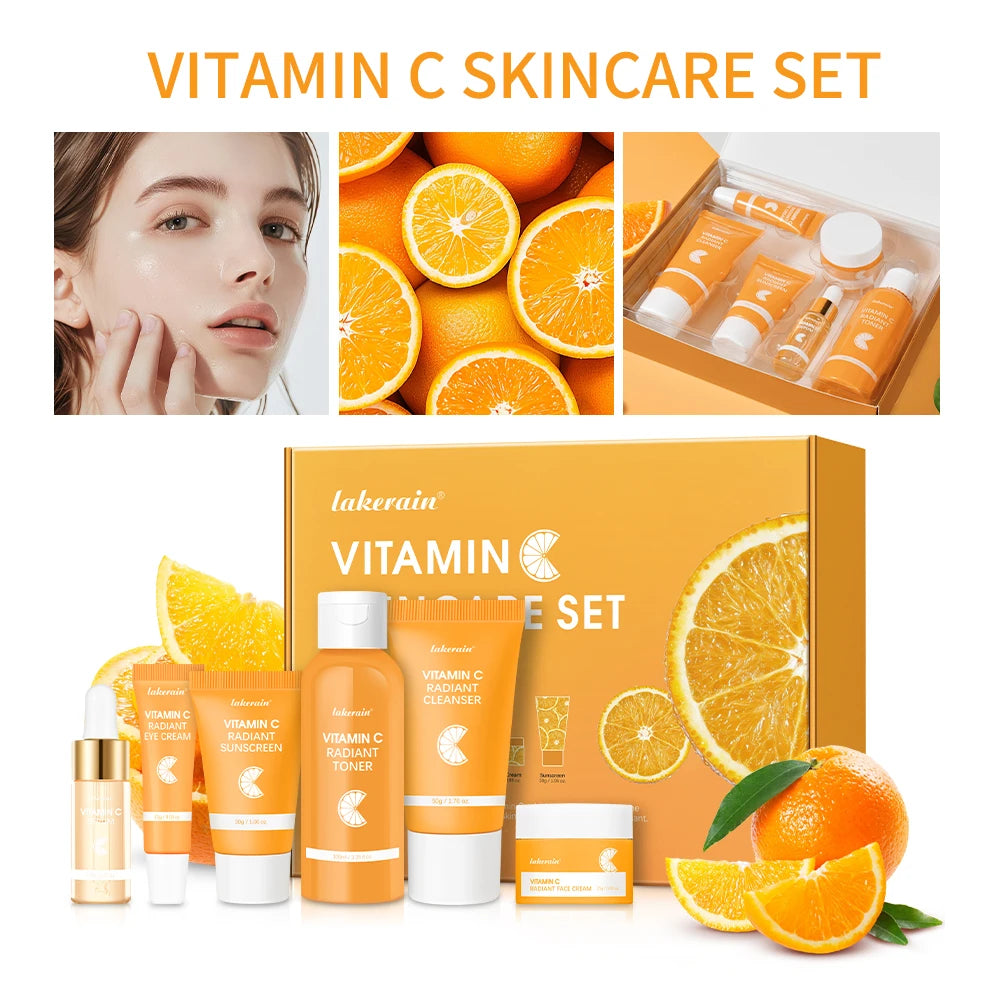 6pcs Vitamin C SkinCare Set Facial Cleanser Toner Serum Eye Cream Serum Moisturizer Eye Cream Gift for Women Girl HIP