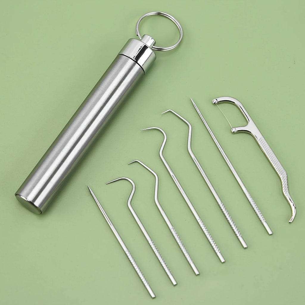RUZOFO Reusable Metal Toothpick Set with Keychain Holder Dental Floss Pick Set HIP