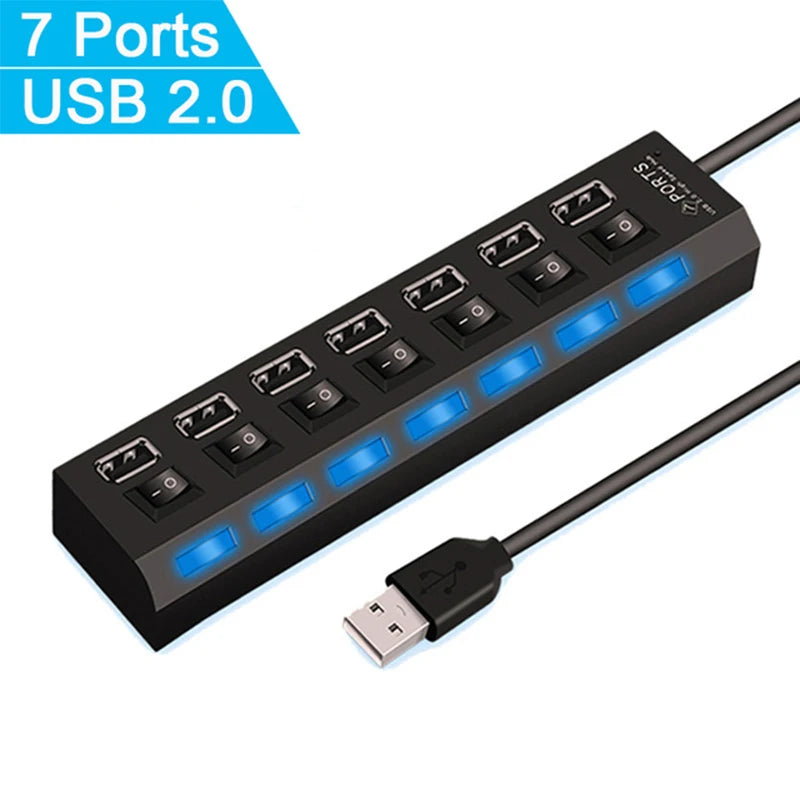 7-Port USB 2.0 Hub Splitter with Individual Port Switches USB Hub Splitter HIP