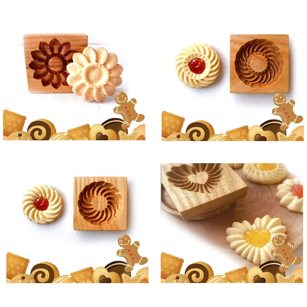 1PC Wooden Cookie Molds with Variety Patterns, 3D DIY Carved Embossed Cookie Cutter Moulds for Baking, Fondant Cake Biscuit HIP