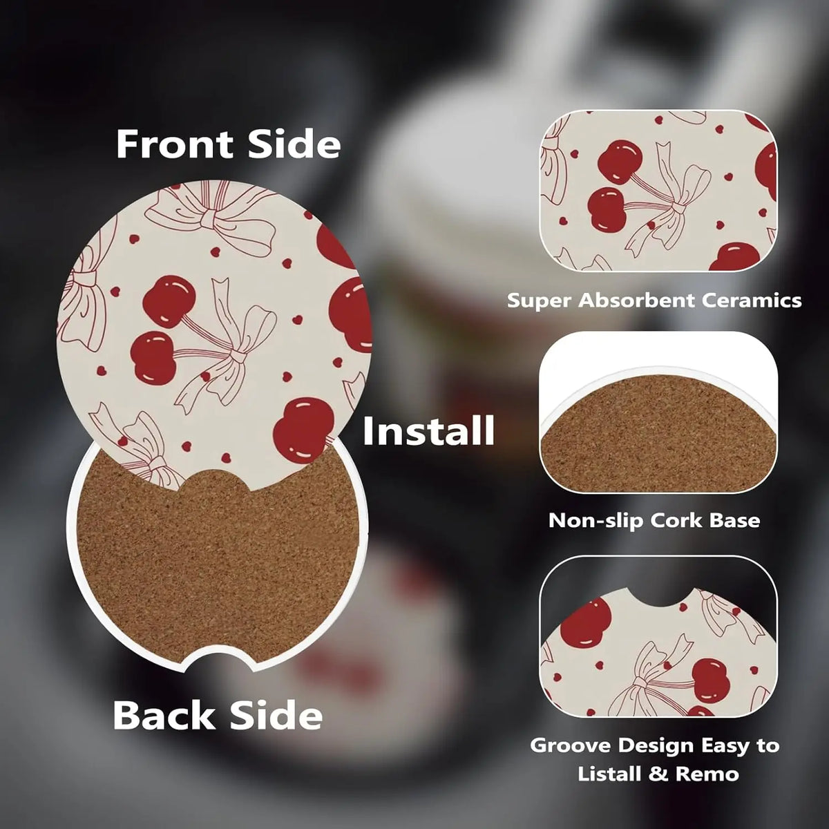 Car Cup Holder Ceramic Coasters 2-Pack – Cork Back & Finger Slot Car Cup Coasters HIP