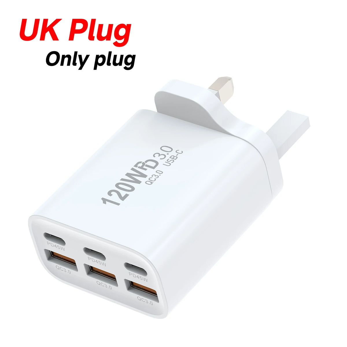 120W Multiport USB Wall Charger QC3.0 PD – 6 Ports UK/EU/US USB Wall Charger HIP UK Plug
