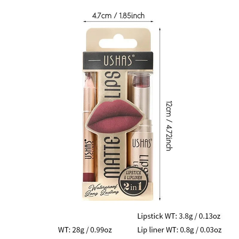 USHAS 12-Color Matte Lip Liner & Lipstick Set | Long Lasting Lip Liner & Lipstick Set HIP