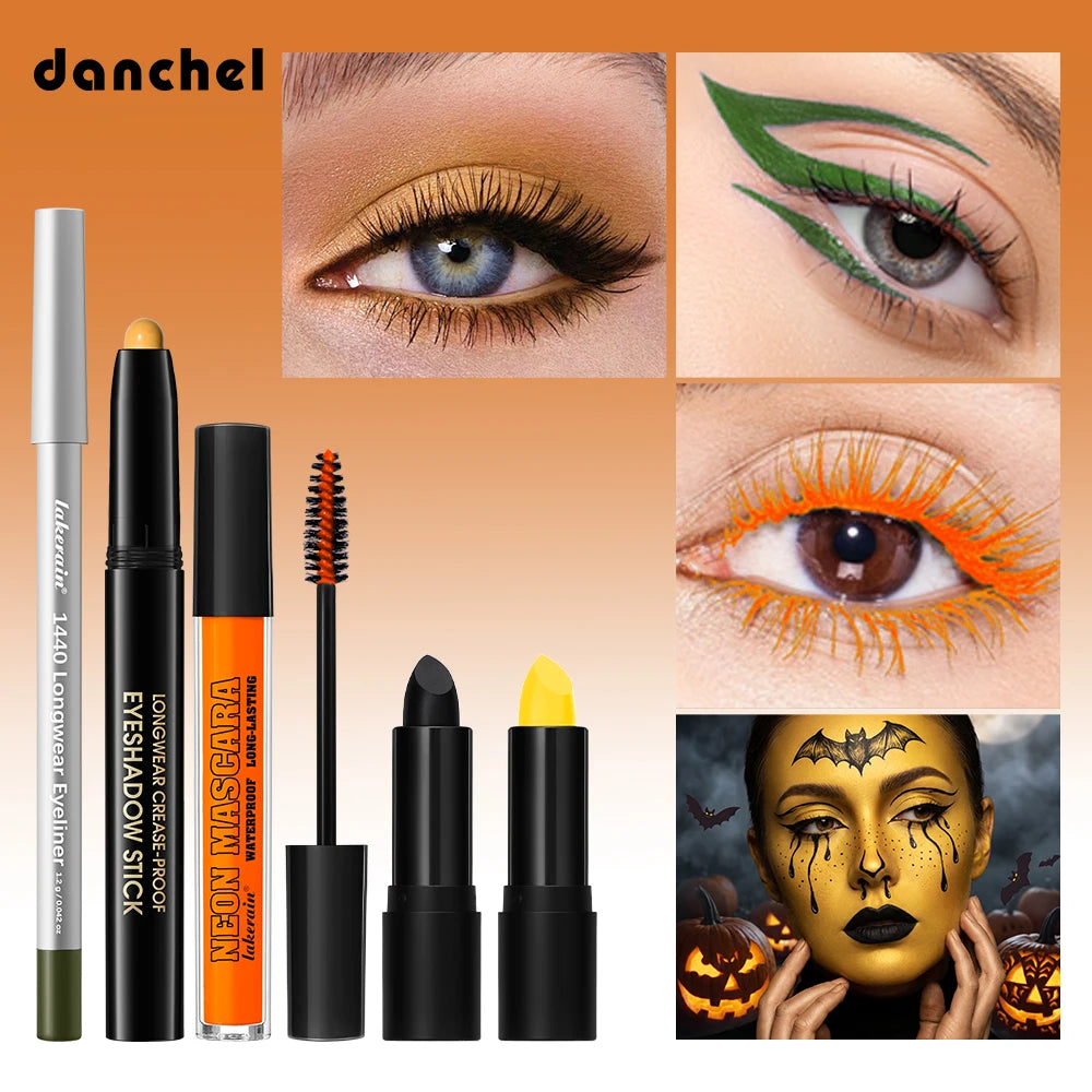 5pcs Halloween Pumpkin Cosplay Makeup Set Lipstick Glowing Eyelashes Dark Blush Mascara Eyeliner Gothic Vampire Makeup HIP 1set