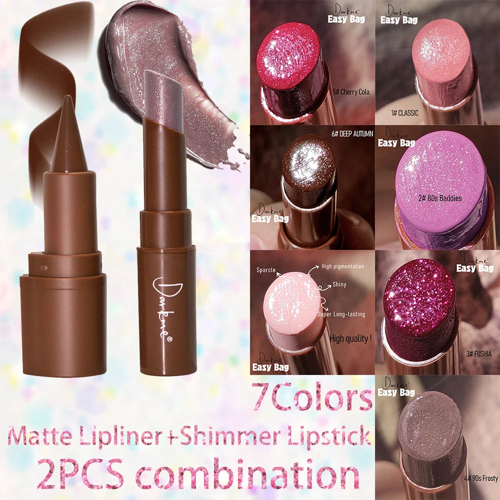 Tapered Tip Matte Lip Liner Pencil & Pearlescent Lipstick Set Long Lasting Waterproof Sparkling Professional Lip Makeup Duo HIP
