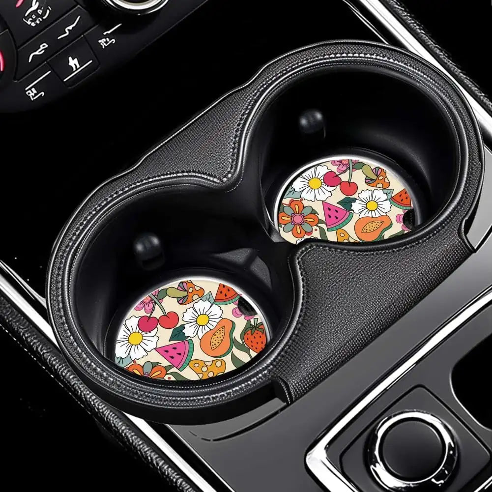 Ceramic Car Cup Holder Coasters, Floral & Fruit Design – 2-Pack Car Cup Coaster HIP