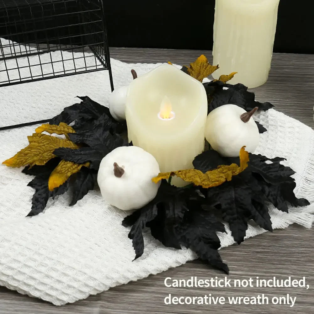 Spooky Home Decor Gothic Halloween Wreath Leaves Red Berries Pumpkin Pinecone Candle Holder For Mantel Fireplace Front Door HIP