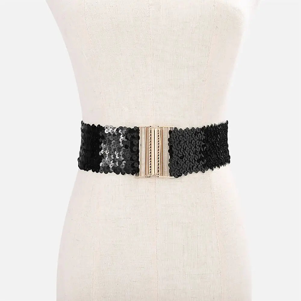 Women's Wide Sequin Belt – Gold Buckle Elastic Waistband Sequin Fashion Belt HIP