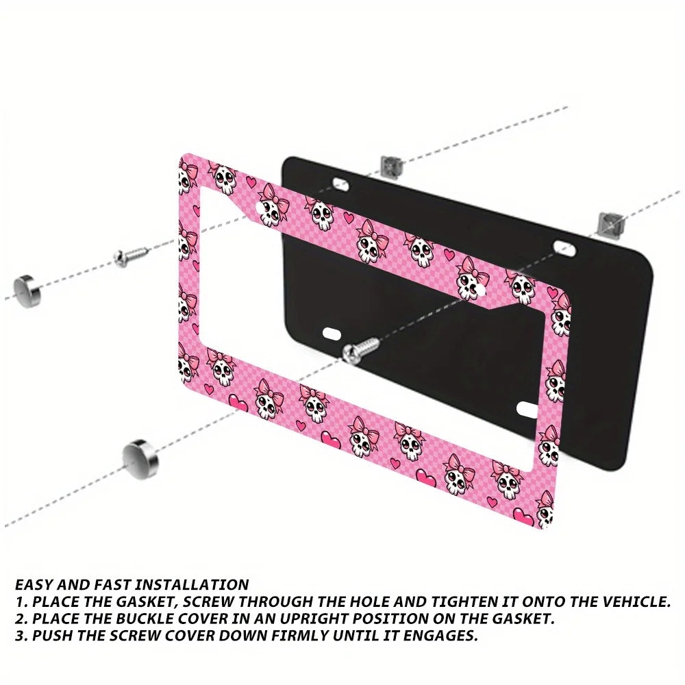 2-Pack Pink Skull Aluminum License Plate Frames + Screws License Plate Frame HIP