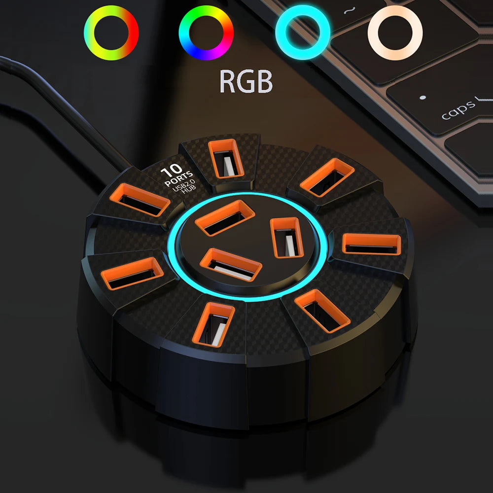 10-Port USB 2.0 Hub RGB Backlight 1.2m Cable | OULLX USB Hub HIP