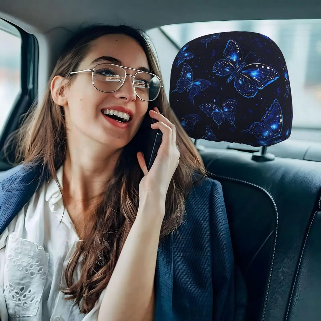 2-Pack Neon Blue Butterfly Car Headrest Covers | Universal Fit Car Headrest Cover HIP
