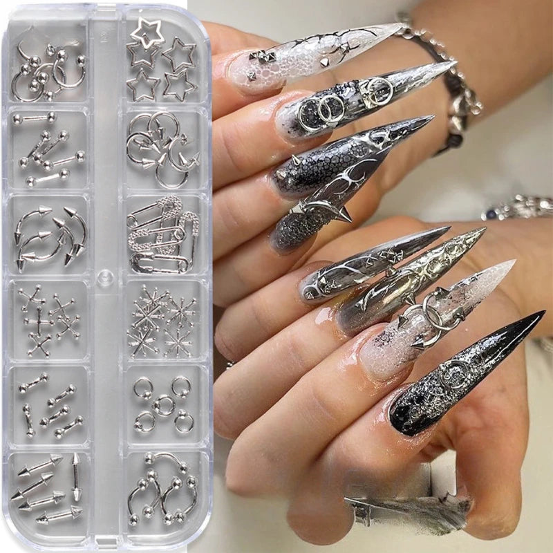 12 Grids Goth Punk Nail Charms Studs Y2K Piercing Designs Metallic Silvery Nails Art Rivets 3D Stars Alloy Nail Art Decorations HIP
