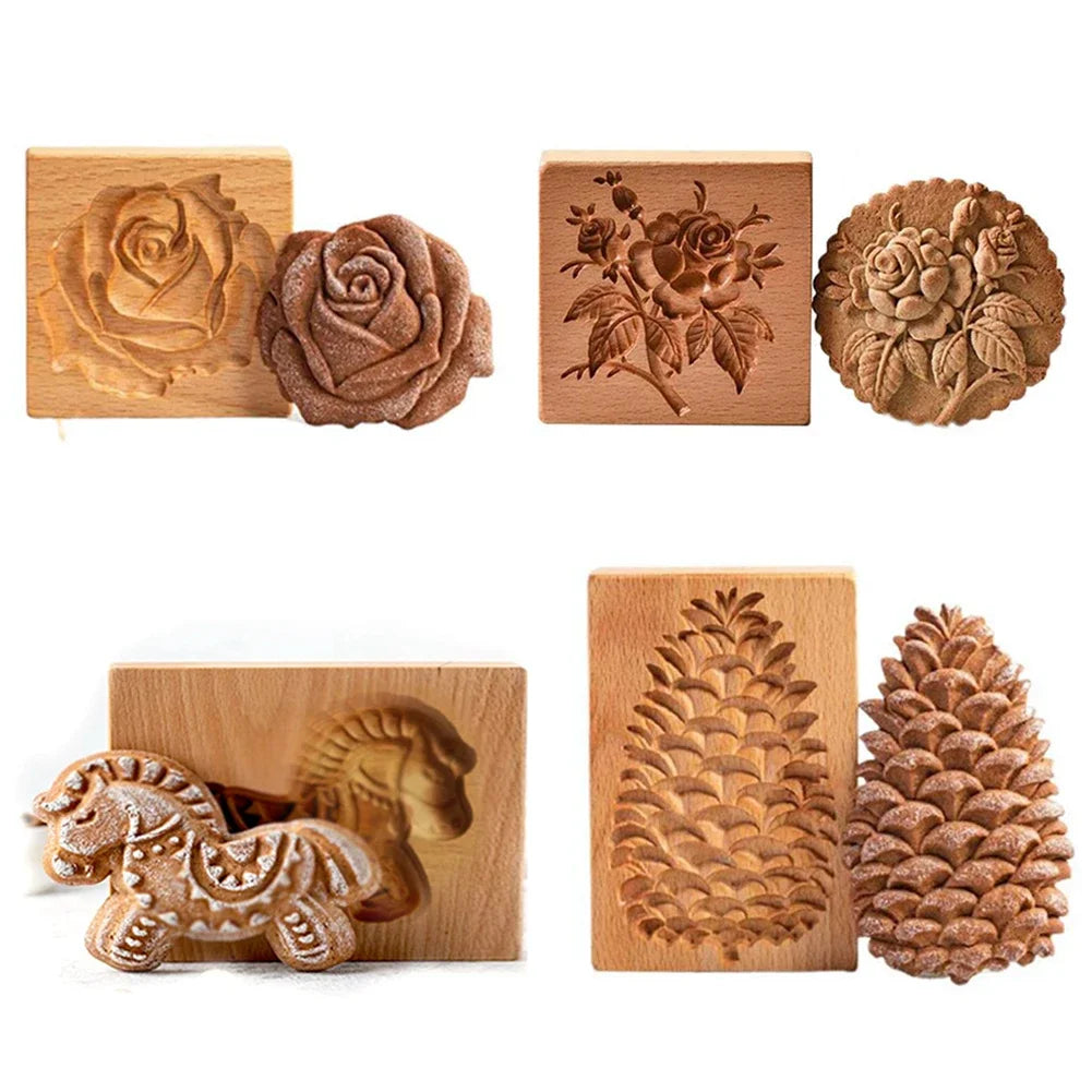 1PC Wooden Cookie Molds with Variety Patterns, 3D DIY Carved Embossed Cookie Cutter Moulds for Baking, Fondant Cake Biscuit HIP