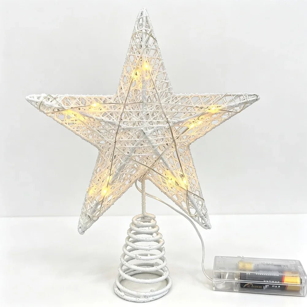 With LED Lights Iron Five-Pointed Glowing Star Christmas Tree Topper Star For Xmas Home Party Decor HIP White