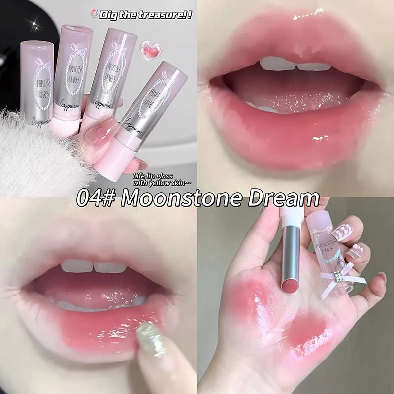 Caramel Brown Solid Lip Gloss Moisturizing Lace Bow Mirror Glass Jelly Lipstick Non Stick Cup Water Light Plump Lip Tint Makeup HIP 04