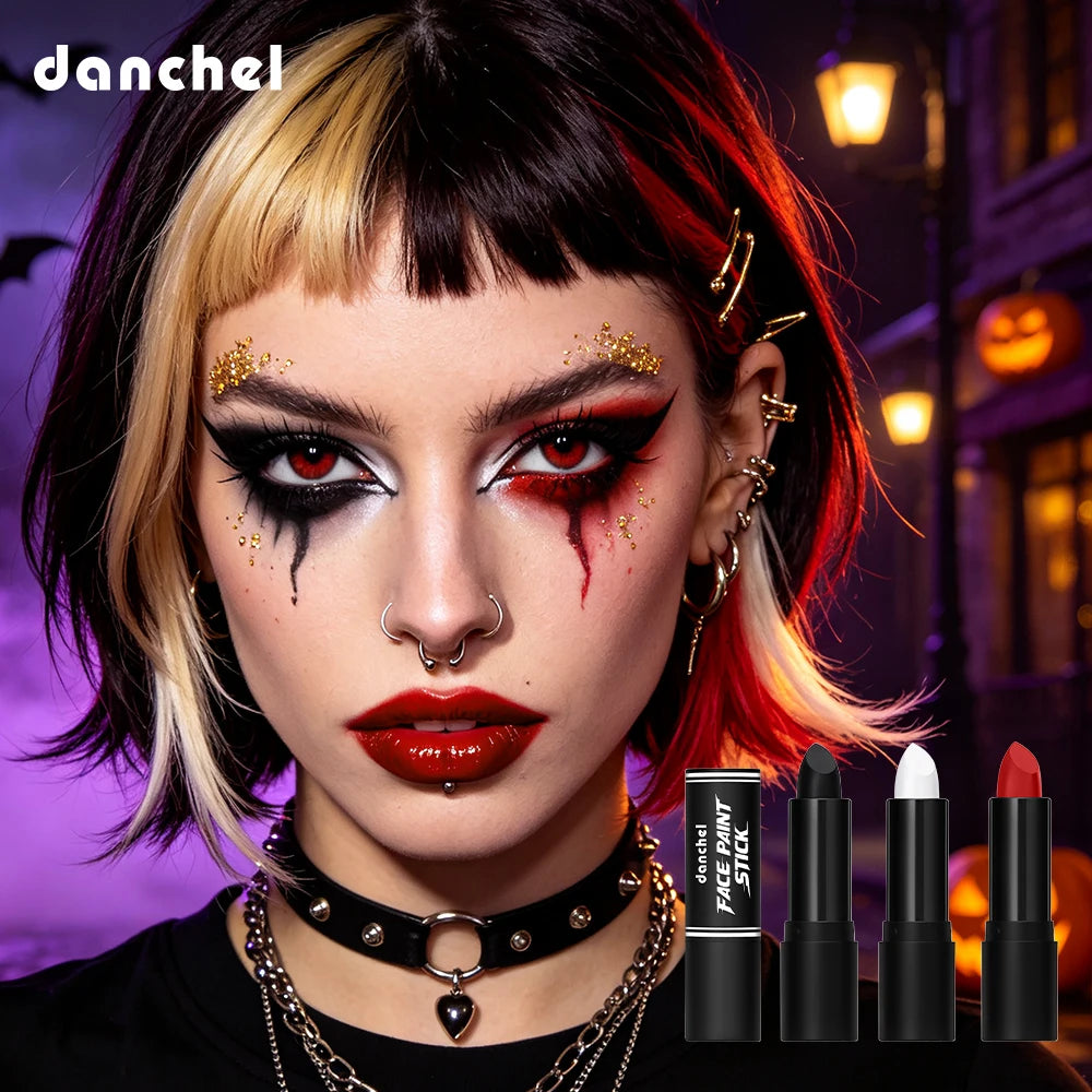 4pcs Halloween Vampire Makeup Set Black White Red Lipstick With Storage Bag Long Lasting Gothic Cosplay Costume Party Makeup HIP