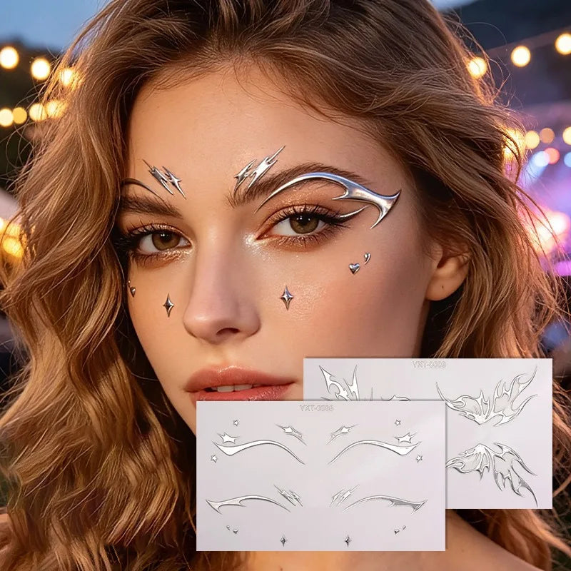 Silver Cosplay Eyelashes Eye Wing Tattoo Eyeliner Sticker Metal Facial Sticker Self Adhesive Face Decor Moon Star Tattoo Makeup HIP