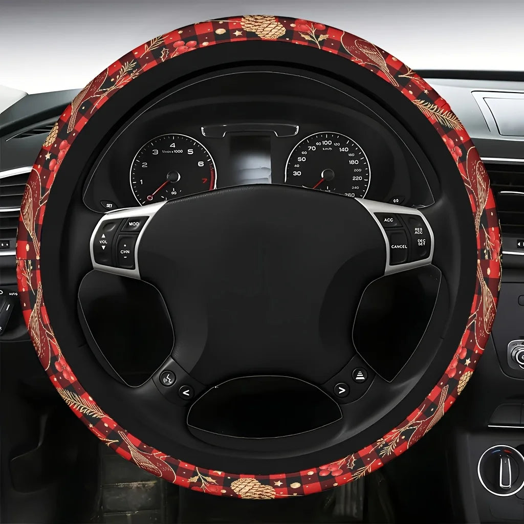 Christmas Plaid Bird & Pinecone Car Steering Wheel Cover Steering Wheel Cover HIP