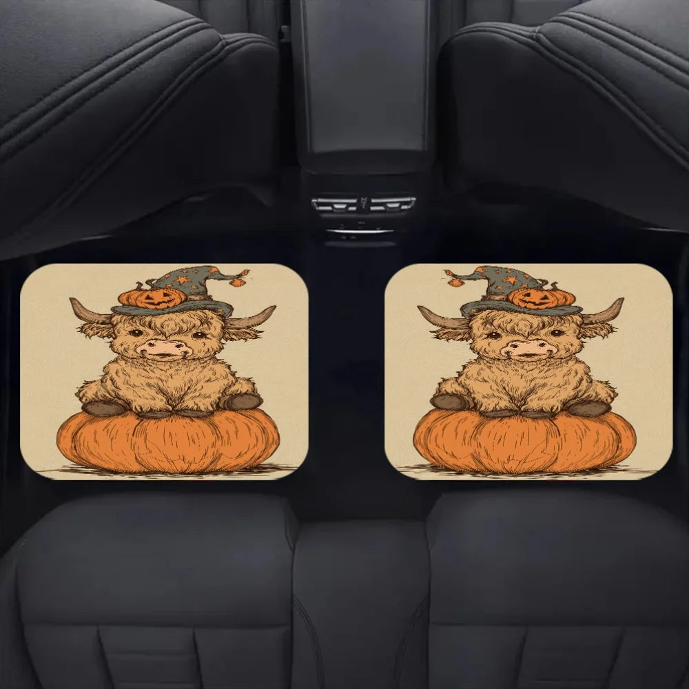 Halloween Highland Cow Car Floor Mats – Set of 4 | White Car Floor Mats HIP