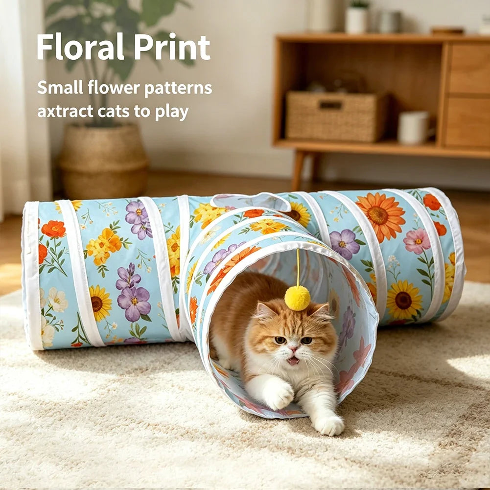 Cute Cat Tunnel Training Interactive Toy Blue Background Printed Cat Toy Tunnel Foldable Floral Pattern Cat Tunnel Pet Supplies HIP