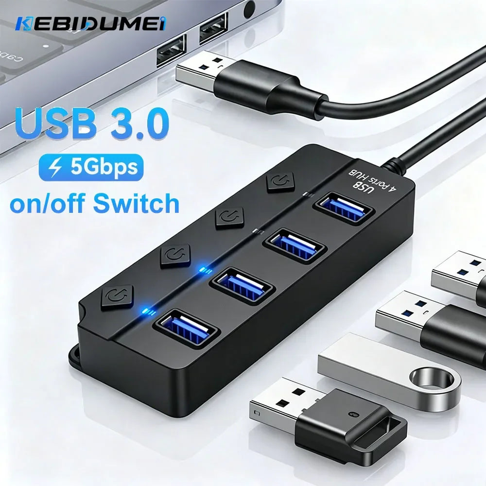 KEBIDUMEI 4-Port USB 3.0 Hub with Individual On/Off Switches USB Hub HIP