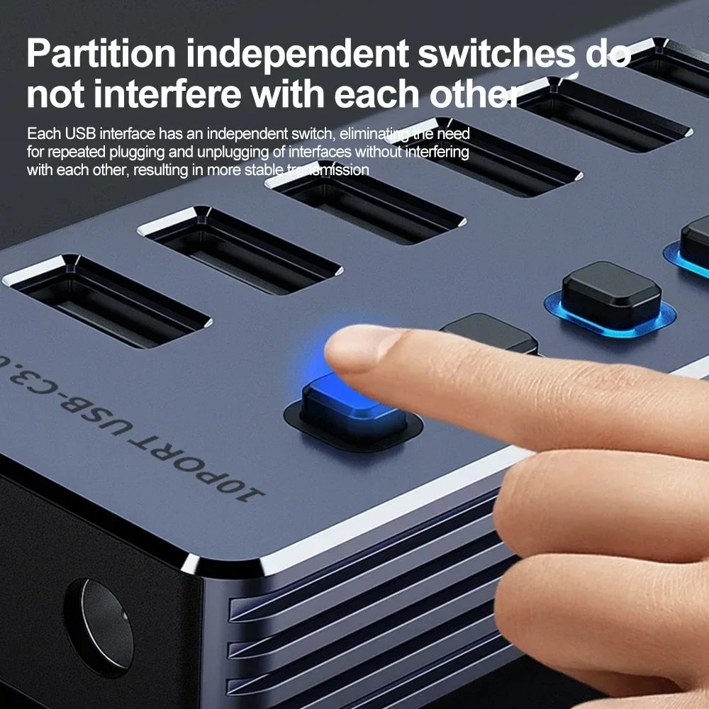 KEBIDUMEI 10-Port USB 3.0 Hub | 5Gbps & Independent Switches USB 3.0 Hub HIP