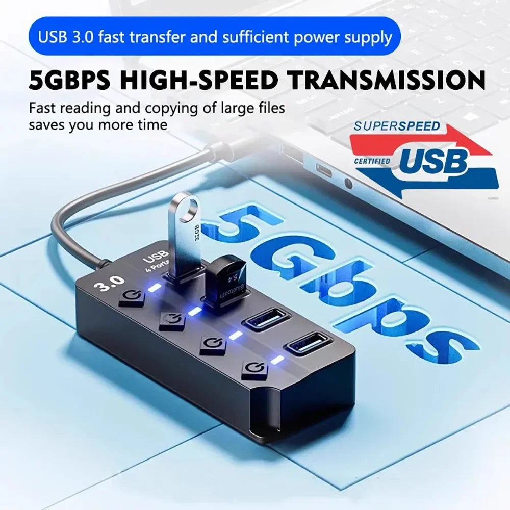 KEBIDUMEI 4-Port USB 3.0 Hub with Individual On/Off Switches USB Hub HIP