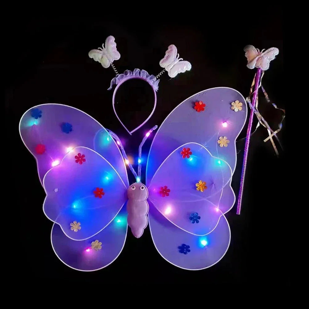 3/4Pcs/Set Double Layers Girls Led Flashing Light Fairy Butterfly Wing Wand Headband Costume Toy Gift Halloween Decoration HIP 3pcs Purple