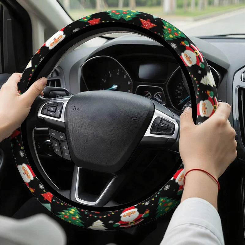 15" Christmas Steering Wheel Cover – Santa & Tree Design Steering Wheel Cover HIP