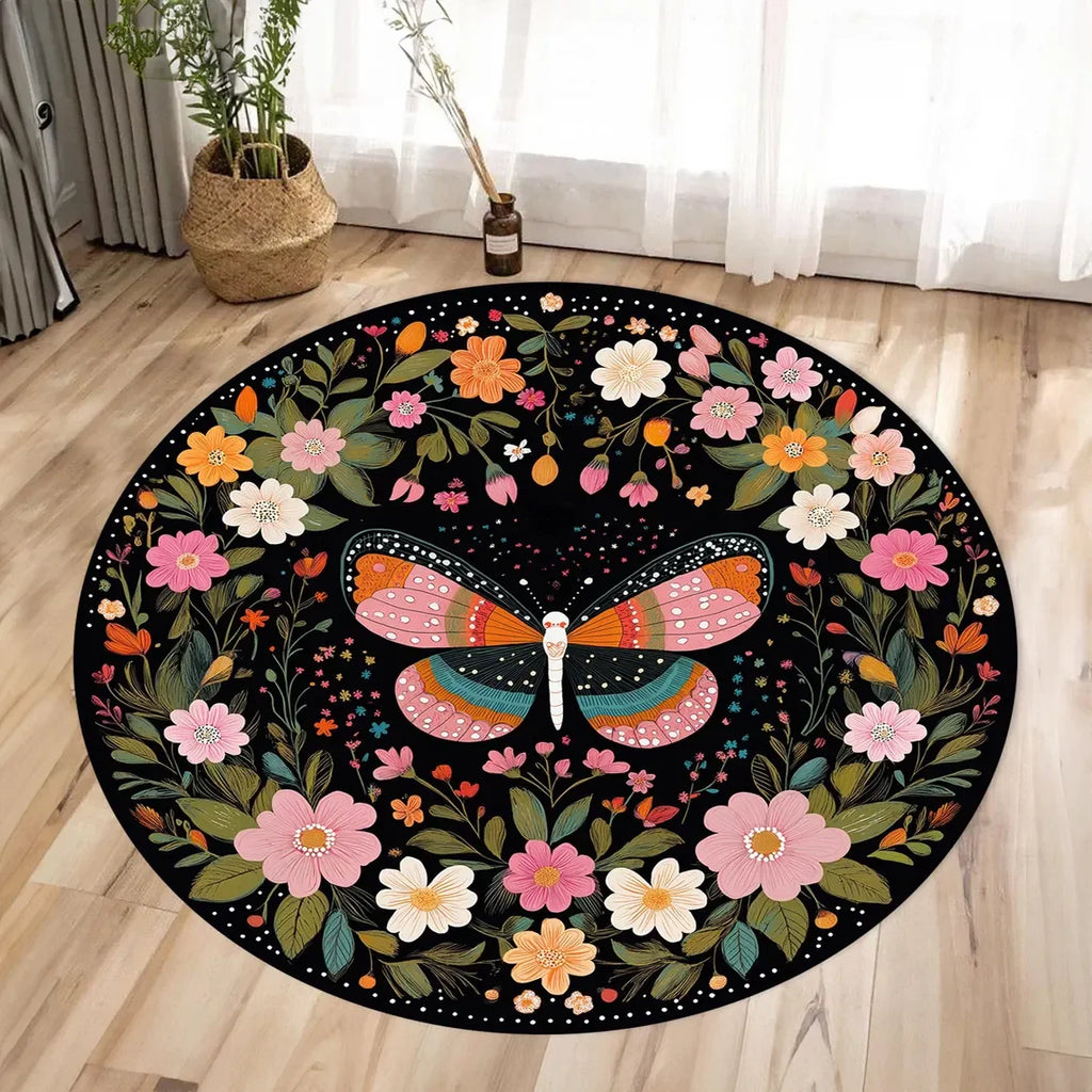 Butterfly Floral Round Area Rug – Anti-Slip Flannel Carpet Decorative Area Rug HIP 3 120x120cm