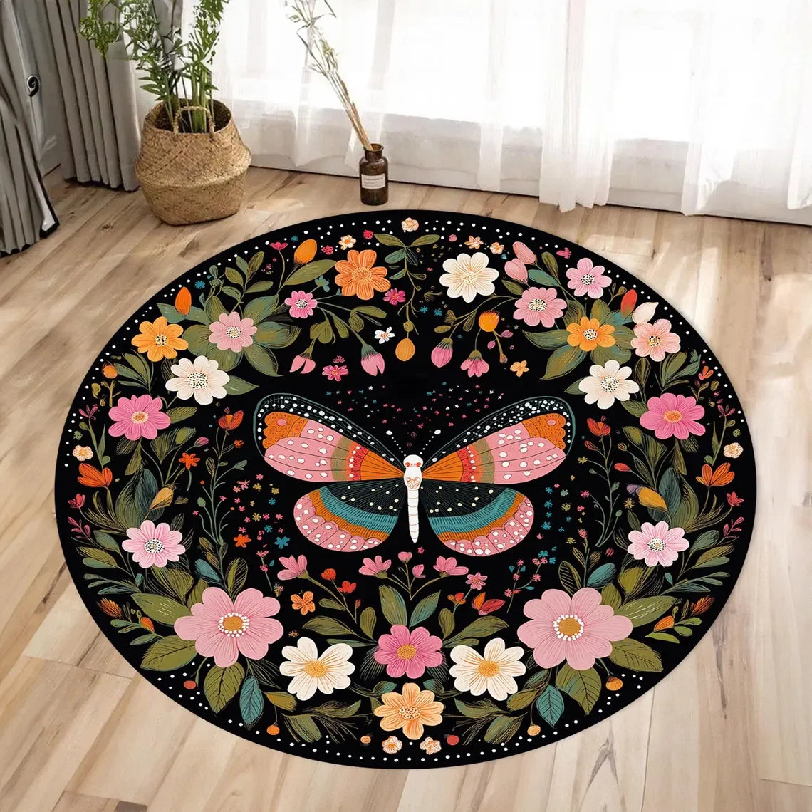 Butterfly Floral Round Area Rug – Anti-Slip Flannel Carpet Decorative Area Rug HIP 3 120x120cm